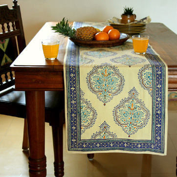Morning Dew Table runner large motifs green teal orange yellow