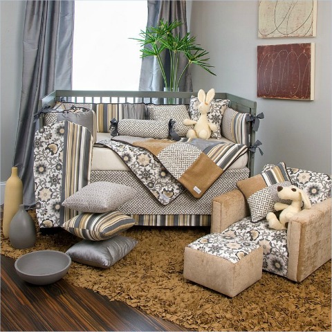 grayson nursery gray, taupe, ivory gender neutral crib bedding