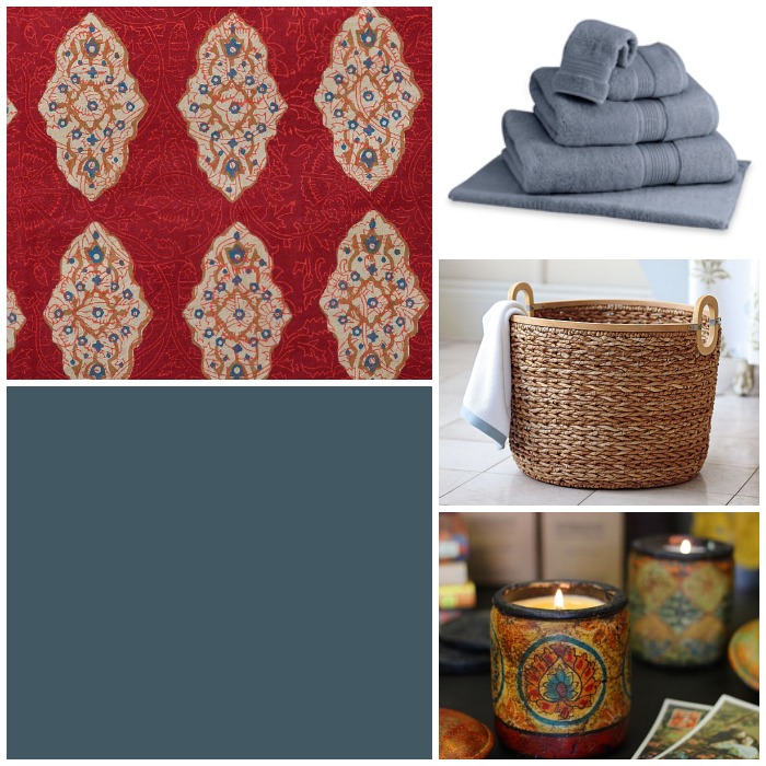 A Spice Route Bath with Elizabeth Arden towels, Scented candles, Seagrass baskets