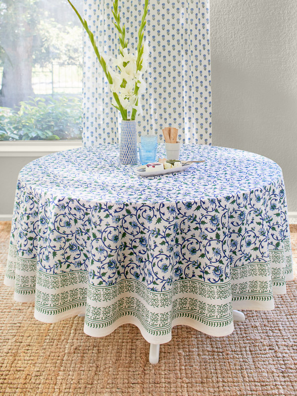 coastal Christmas with a blue and white and green Christmas tablecloth