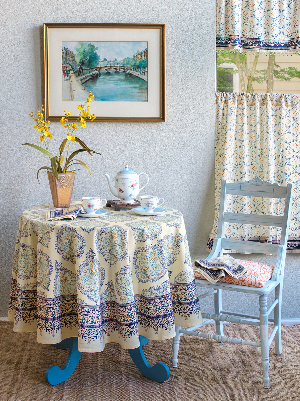 French Moroccan curtains and table linens for summery bohemian home decor