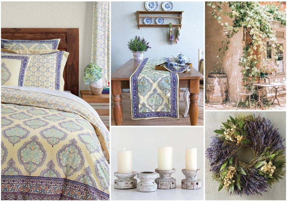 collage of blue and yellow French country decor, bedding, table runner, print, candes, and herb wreath