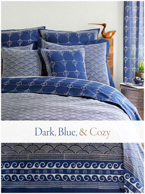 dark blue duvet cover in a cozy bedroom