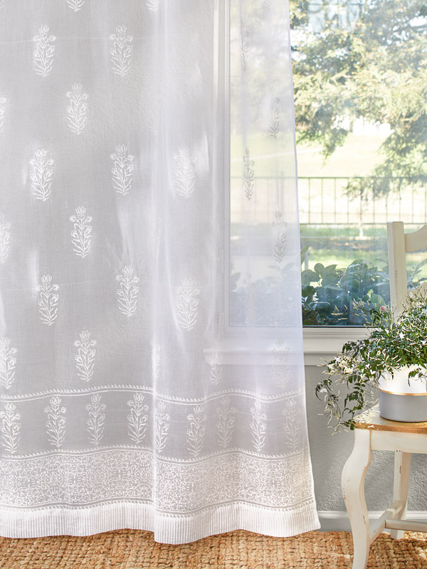 White Floral India Sheer Curtain Panels
