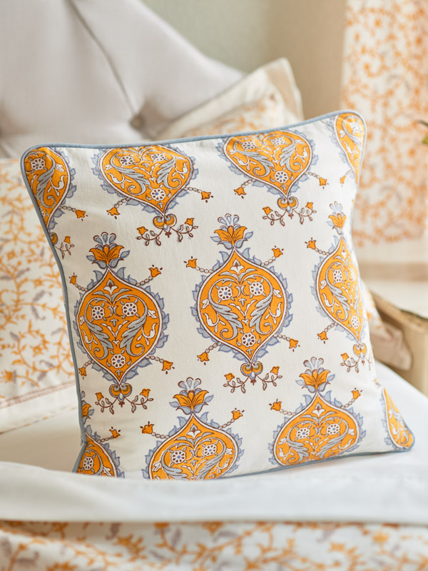 Yellow and Grey Medallion White Throw Pillow Cover