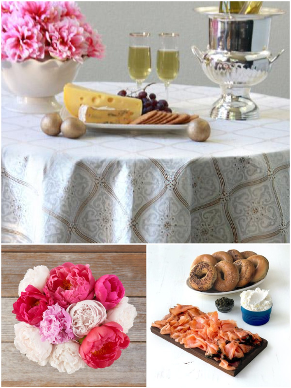 collage of white and gold tablecloth with pink flowers, wine, cheese, crackers, salmon, and bagels