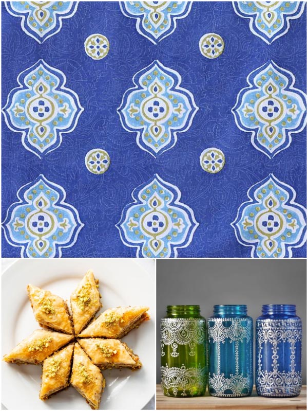 Moroccan brunch theme with blue Moroccan pattern tablecloth, baklava, lanterns
