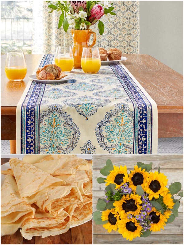 yellow and teal table runner, sunflowers, crepes for French brunch themes