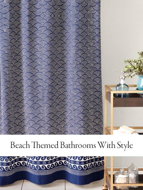 Feature image showing a bathroom with a beach style theme using a wave pattern shower curtain and neutral toned, organic decor