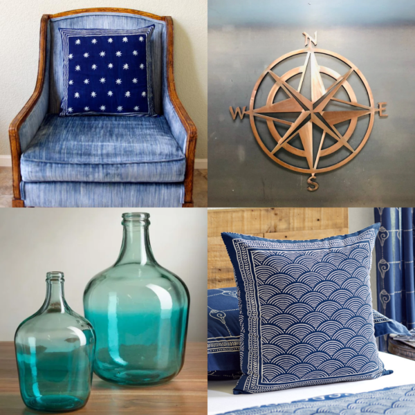 Collage of summer decor ideas with a coastal touch, including blue throw pillows, a metal compass sculpture, and sea blue glass