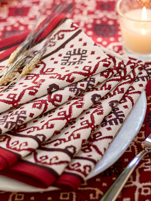cream and red cloth napkins with global chic pattern block print