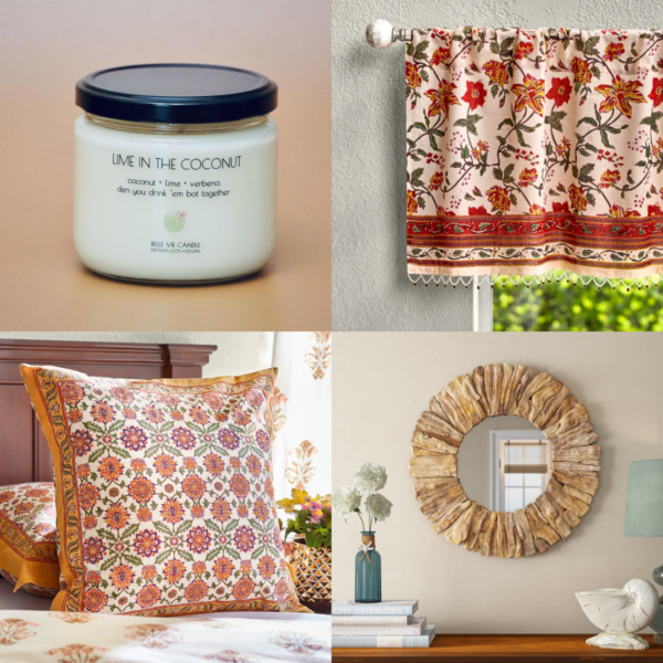 Collage of summer decor ideas including a coconut and lime scented candle, woven frame mirror, and floral house linens
