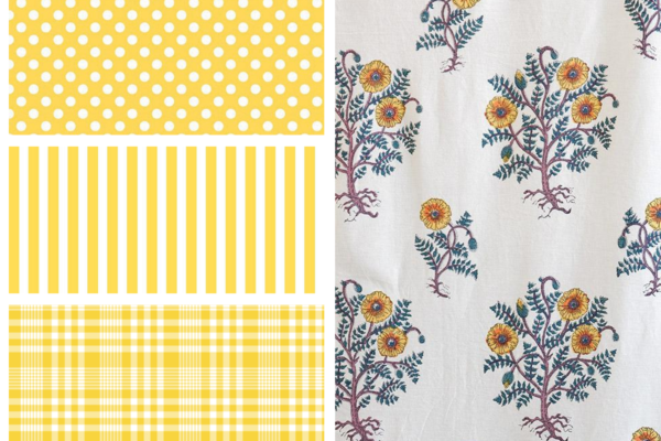 yellow and white polka dots, yellow and white stripes, yellow plaid, and a poppy yellow floral pattern floral fabric