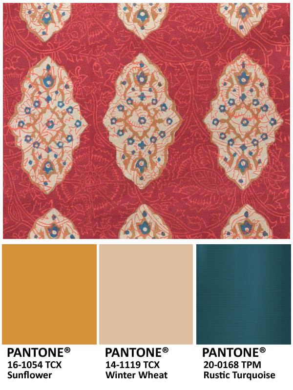 Dark gold, deep teal, ruby, and beige make for lovely, unexpected Thanksgiving colors