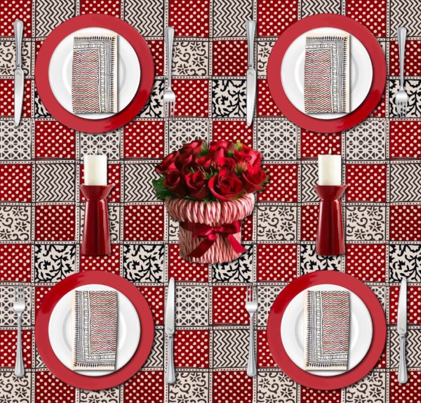 festive Christmas tablecloths with red and white and candy canes and roses
