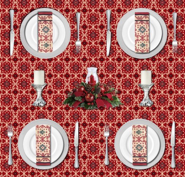 Traditional holiday table setting with black and red Christmas tablecloths