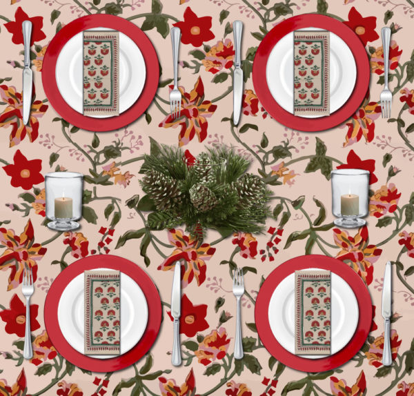 Christmas tablescape with vintage Christmas tablecloths in a red floral pattern