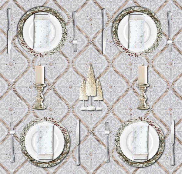 Christmas tablescape with gold and white Christmas tablecloths for elegant holiday decor winter wonderland theme