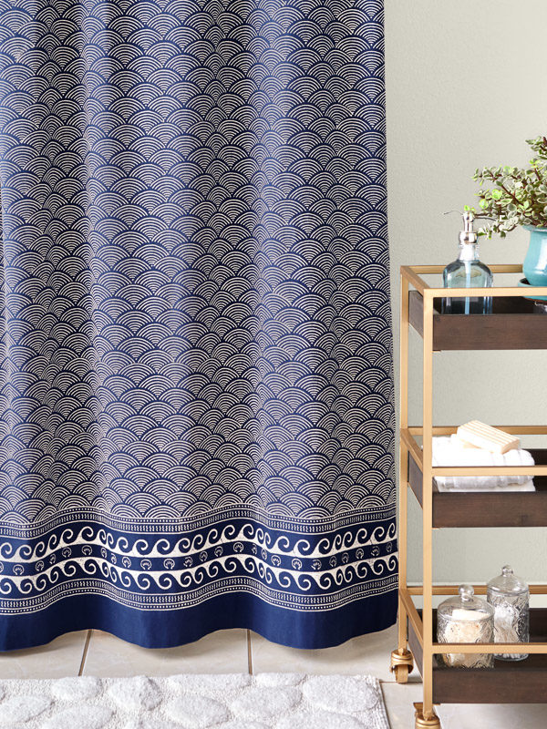 navy blue coastal shower curtain, pacific blue