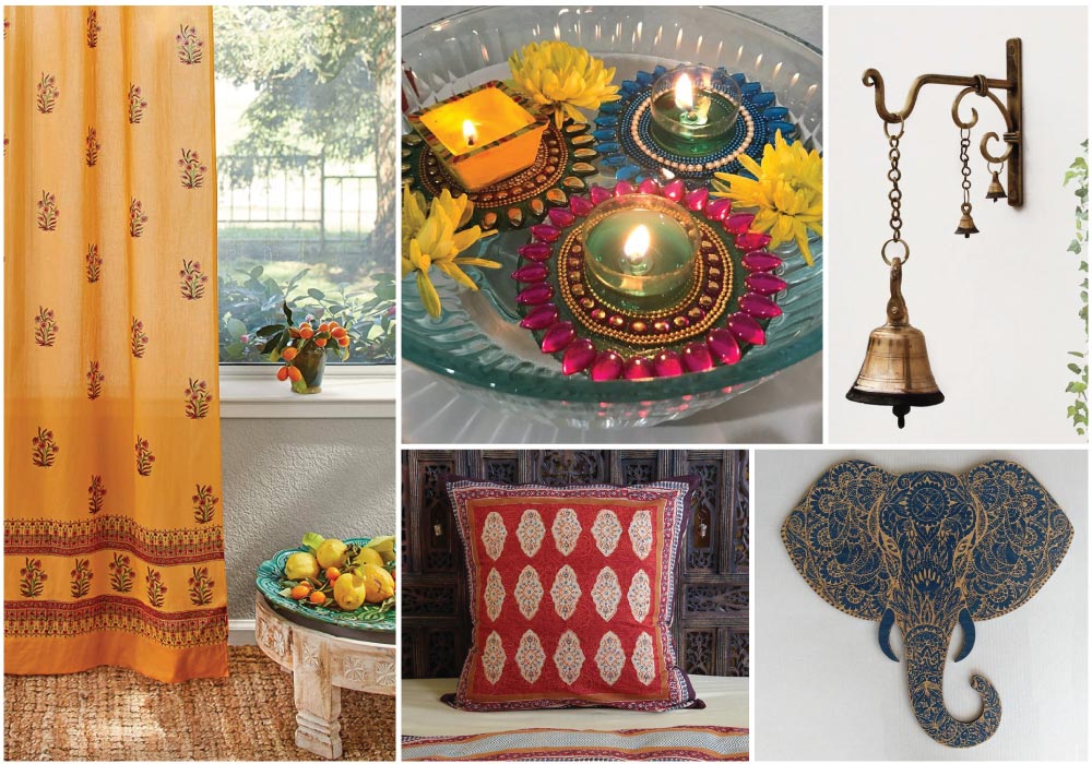 a collection of Indian decor with Indian print curtains, pillow, brass bell, and engraved elephant decor
