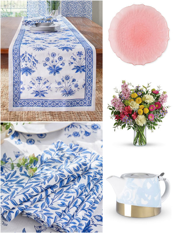 a collage with a blue and white spring table runner, cloth napkins, and items for a spring table setting in classic spring colors