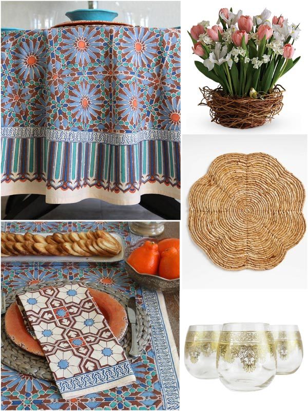 spring tablecloths and table runneres in a blue floral print in a Moroccan tile pattern along with spring table decor
