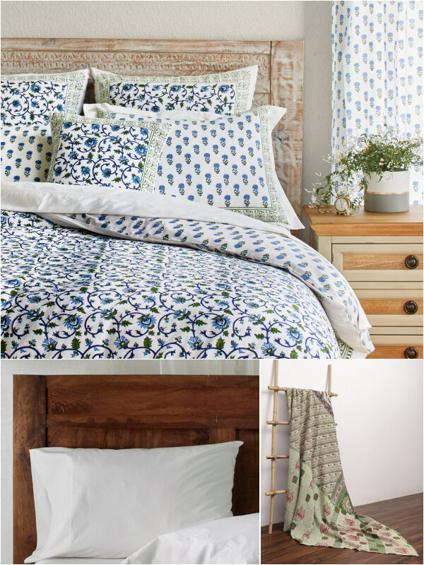 Moonlit Taj bedding with organic sheets and sari throw collage