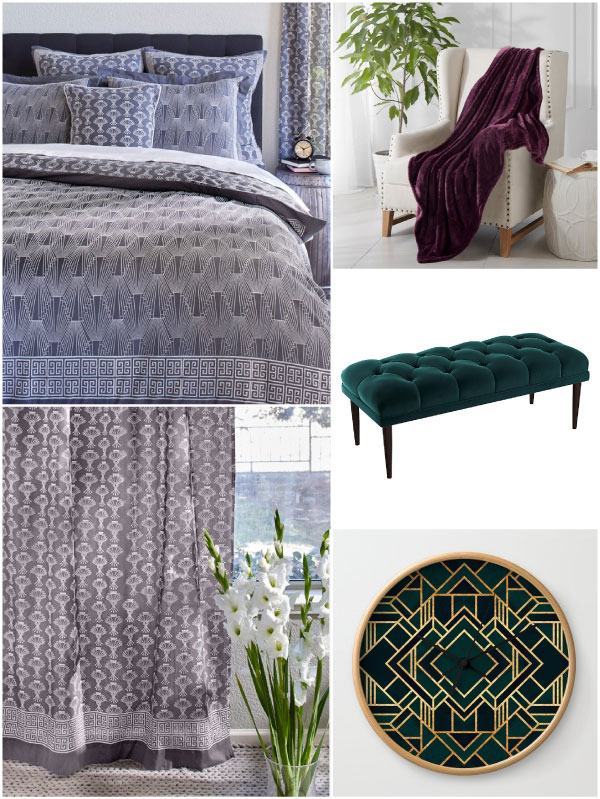 grey and white Art Deco bedding & patterns with rich jewel tone accessories