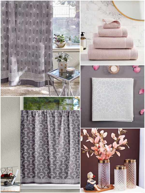 Grey and white Art Deco patterns with blush pink accessories