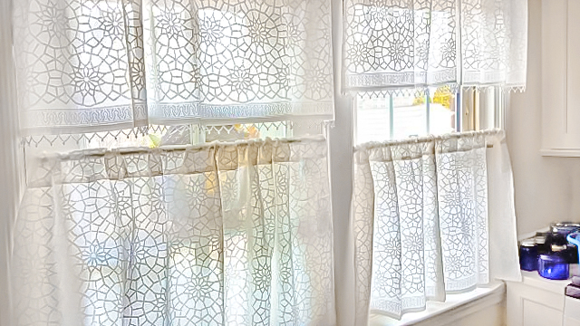 sheer white and grey kitchen curtains with Moroccan pattern