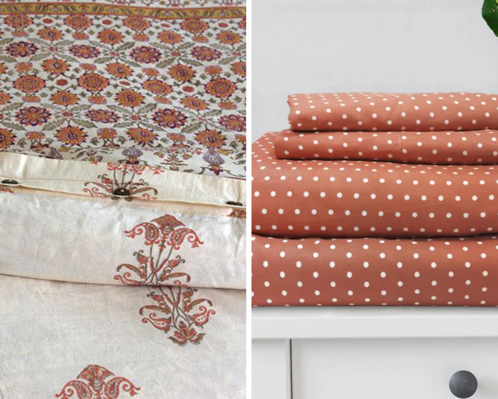 floral duvet cover with orange polka dot sheets