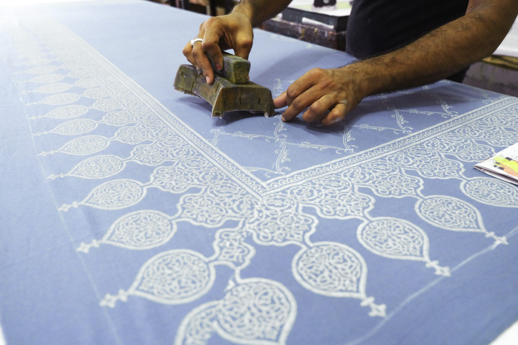hand block printing using discharge printing