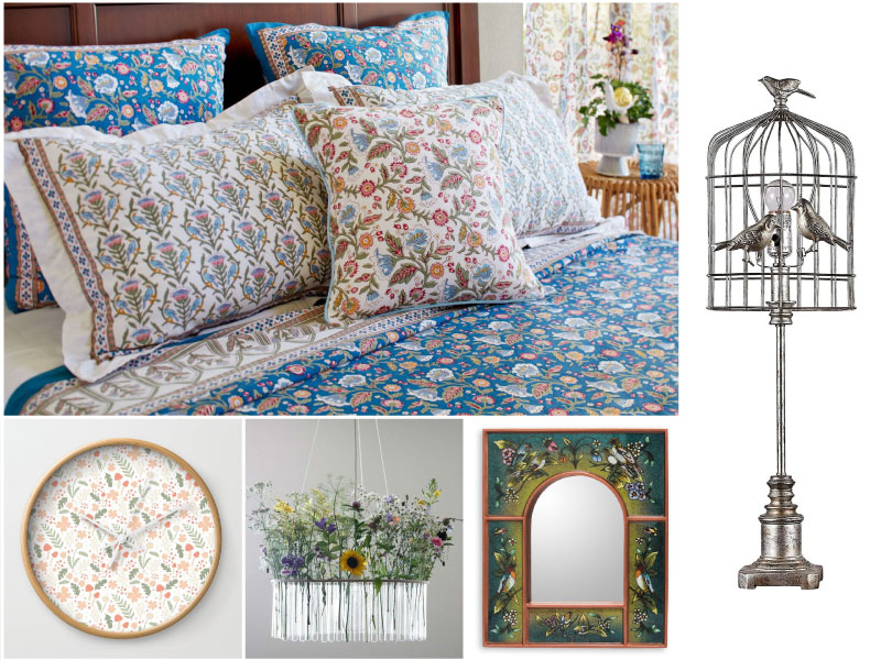 a collage of flower pattern linens and decor