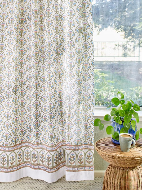 white and blue and pink floral curtains with French provincial pattern
