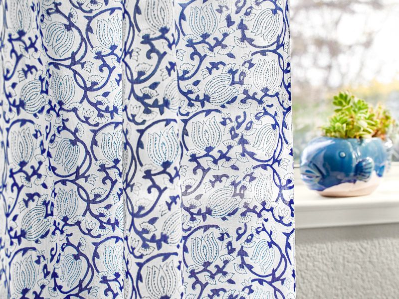 blue lotus flower print fabric curtain
