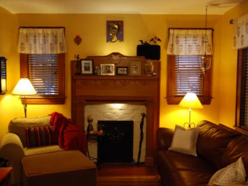 floral valances for living room windows in cozy room with fireplace