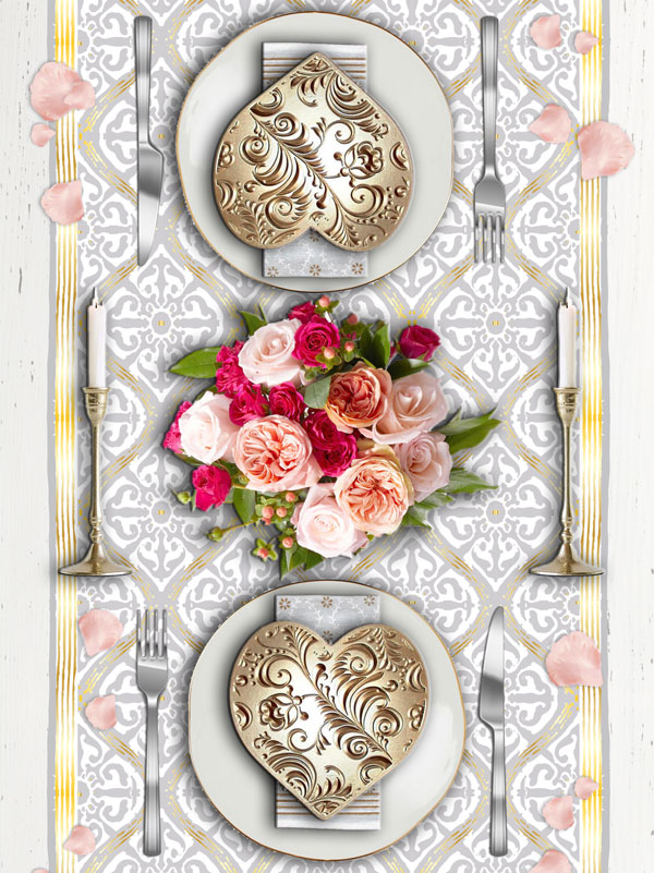 white and gold Valentine table runners 