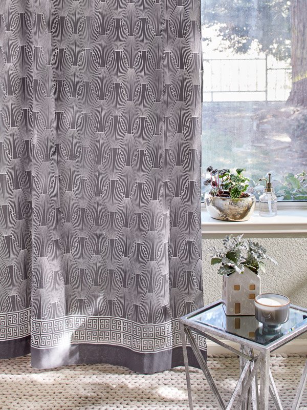 grey shower curtain with geometric design and Art Decor pattern