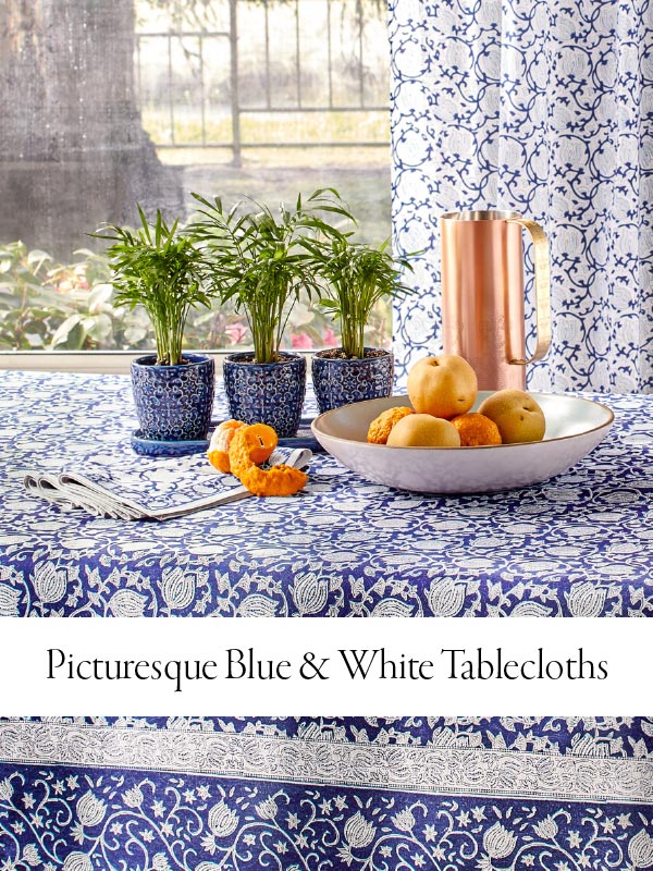 Blue and white tablecloth