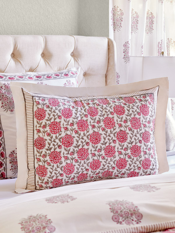 Pink and ivory pillow sham with pom pom dahlias