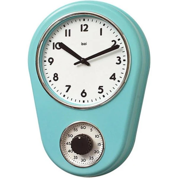 A retro teal kitchen clock and timer
