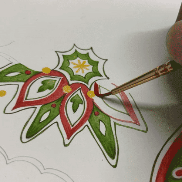 Gif of hand painted process of tree skirt design