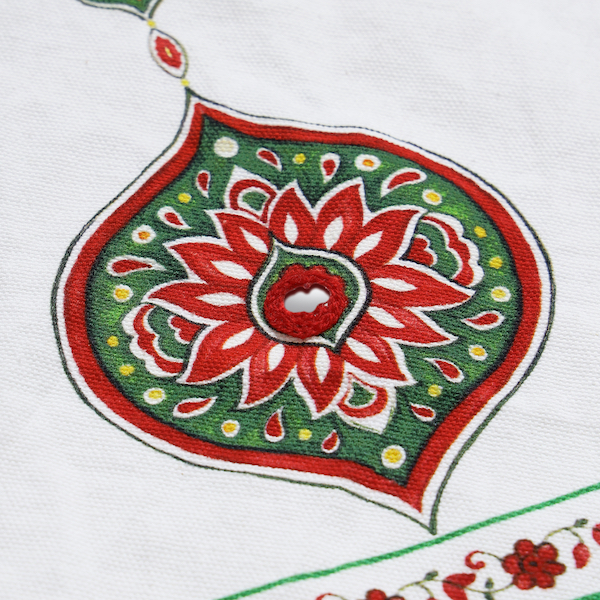 Tree skirt closeup of vintage ornament design and mirror-work in the middle