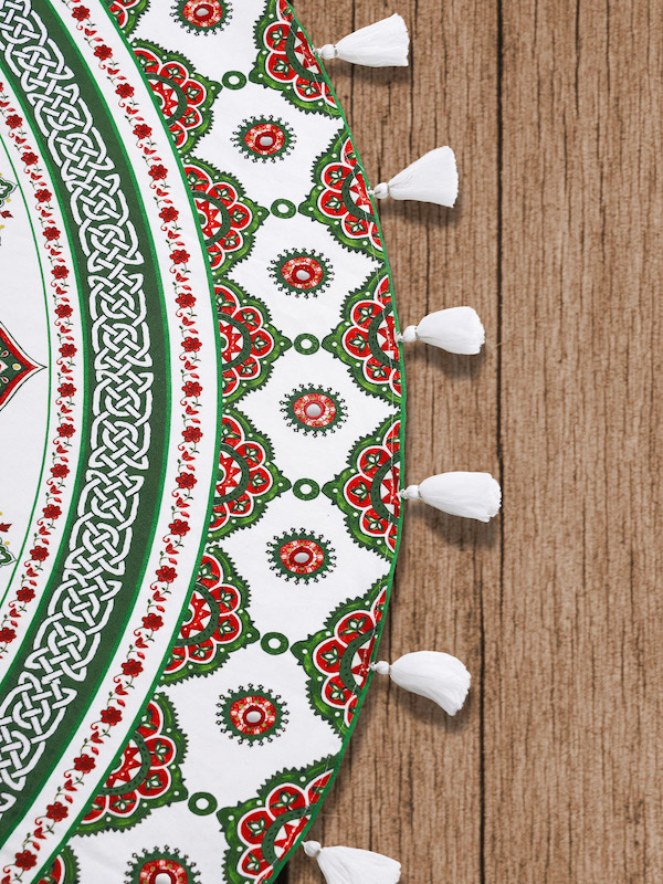 tree skirt with tassel edges and border print inspired by Ajrak folk prints and Celtic knots