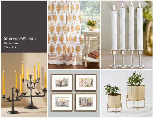 Design collage using Sherwin-Williams 2023 color of the year Darkroom SW 7083, Versailles curtains, and other decor that fits in with traditional, heritage style.