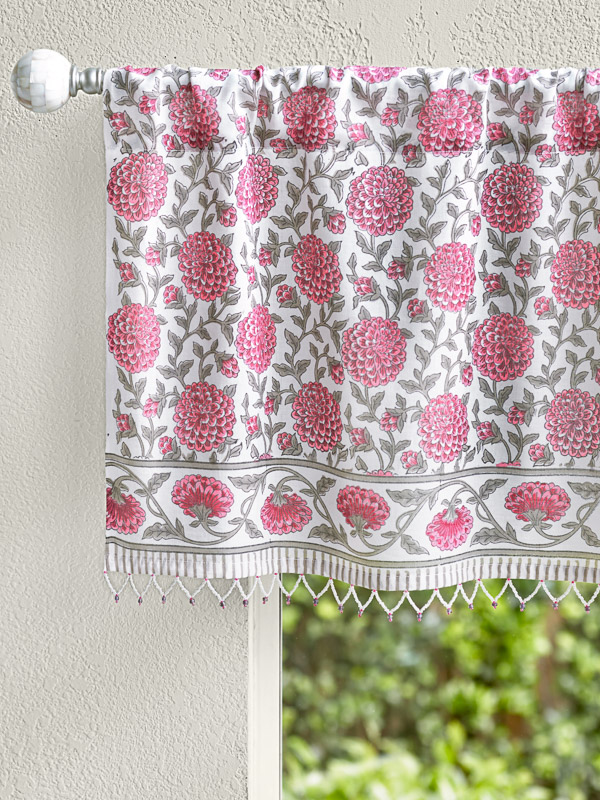 Dahlia Daydreams floral pink and silver grey window valance