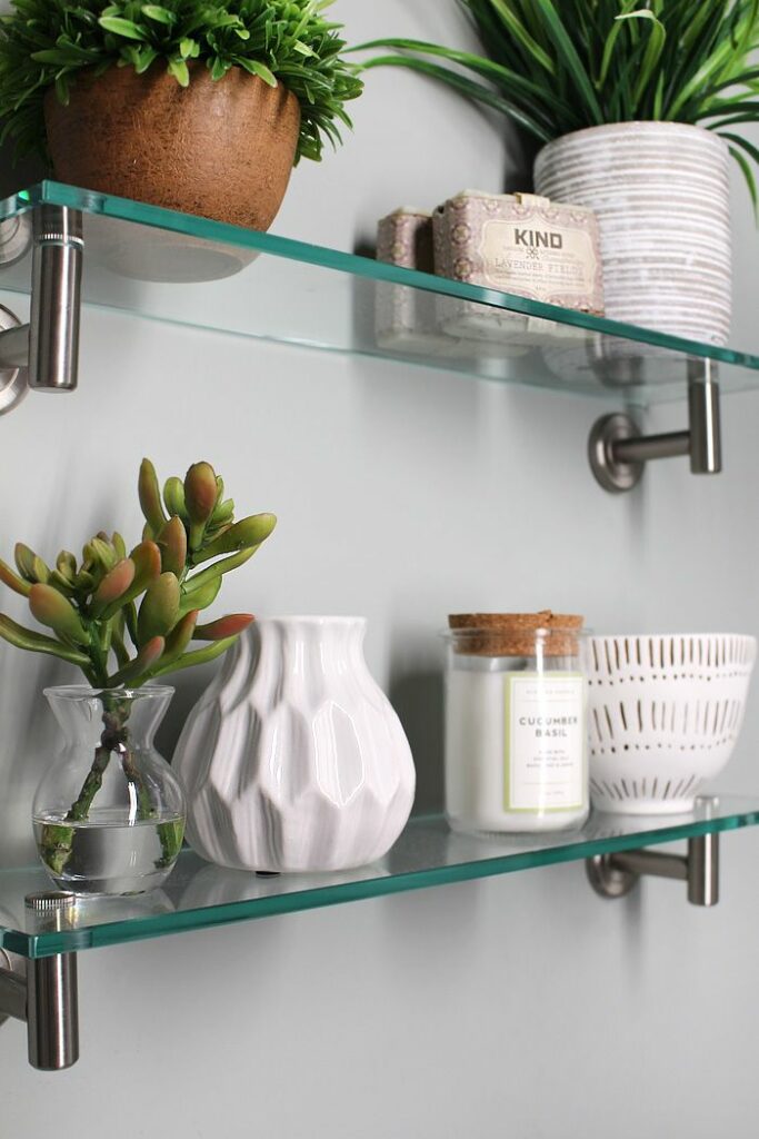 Glass wall shelf decor example for the bathroom