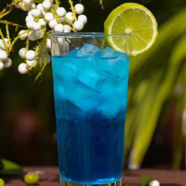 Photograph of a glass of blue lemonade in a glass topped by a slice of lemon to illustrate summer colors inspired by Pantone's "Electric Blue Lemonade"