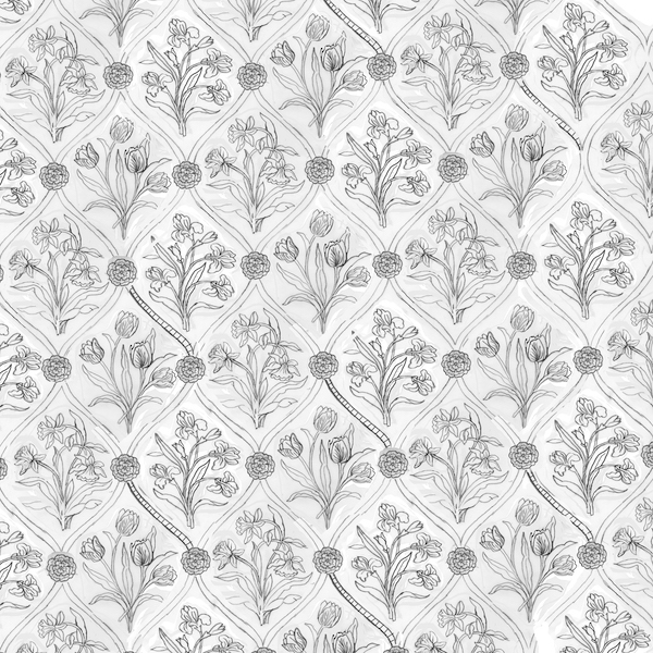 Floral print sketch with trellis framework and flower motifs