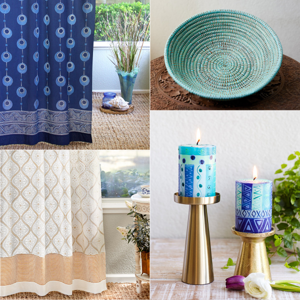 Collage of summer decor ideas including a woven turquoise basket, blue pillar candles, white and beige curtains, and blue coastal curtains